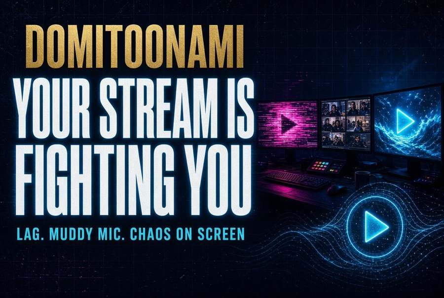 Domitoonami brand visual: your stream is fighting you — lag, muddy mic, chaos on screen